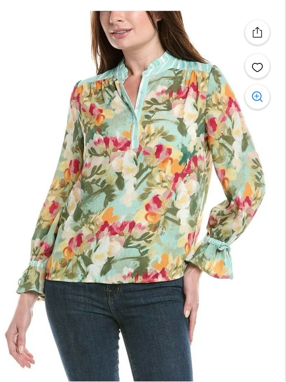 Nicole Miller Mint Multi Floral Ruffle-Trim Peasant Blouse Size Large